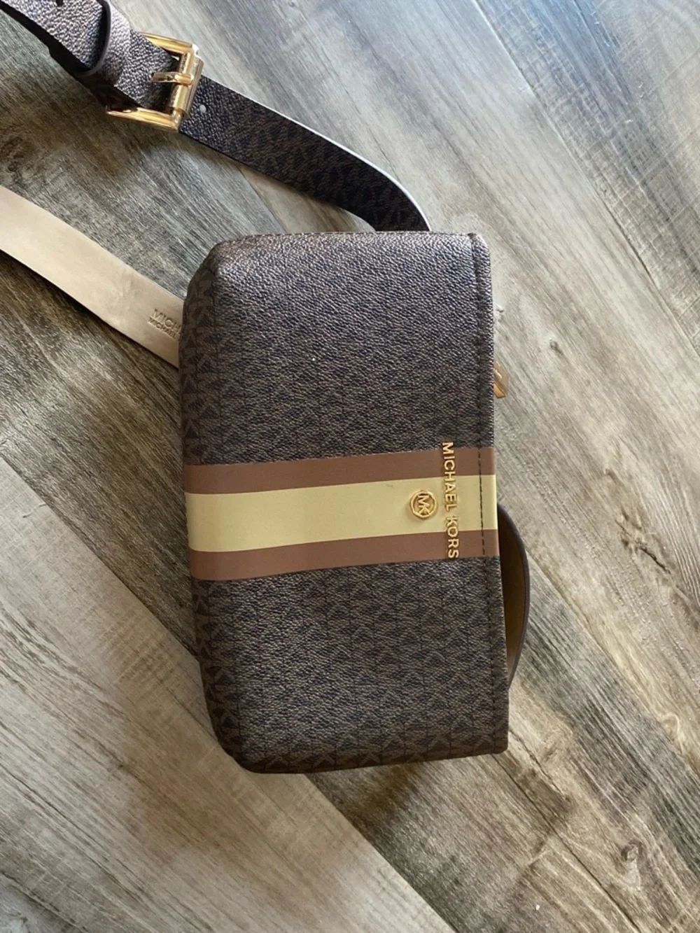 Michael Kors Brown Logo Belt Bag with Tan and Cream Stripe
